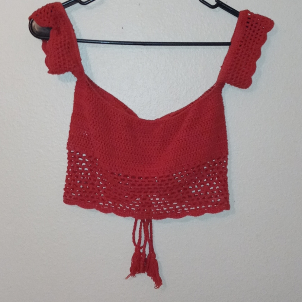 Red Crochet Drawstring Crop Top❤ - Picture 7 of 8